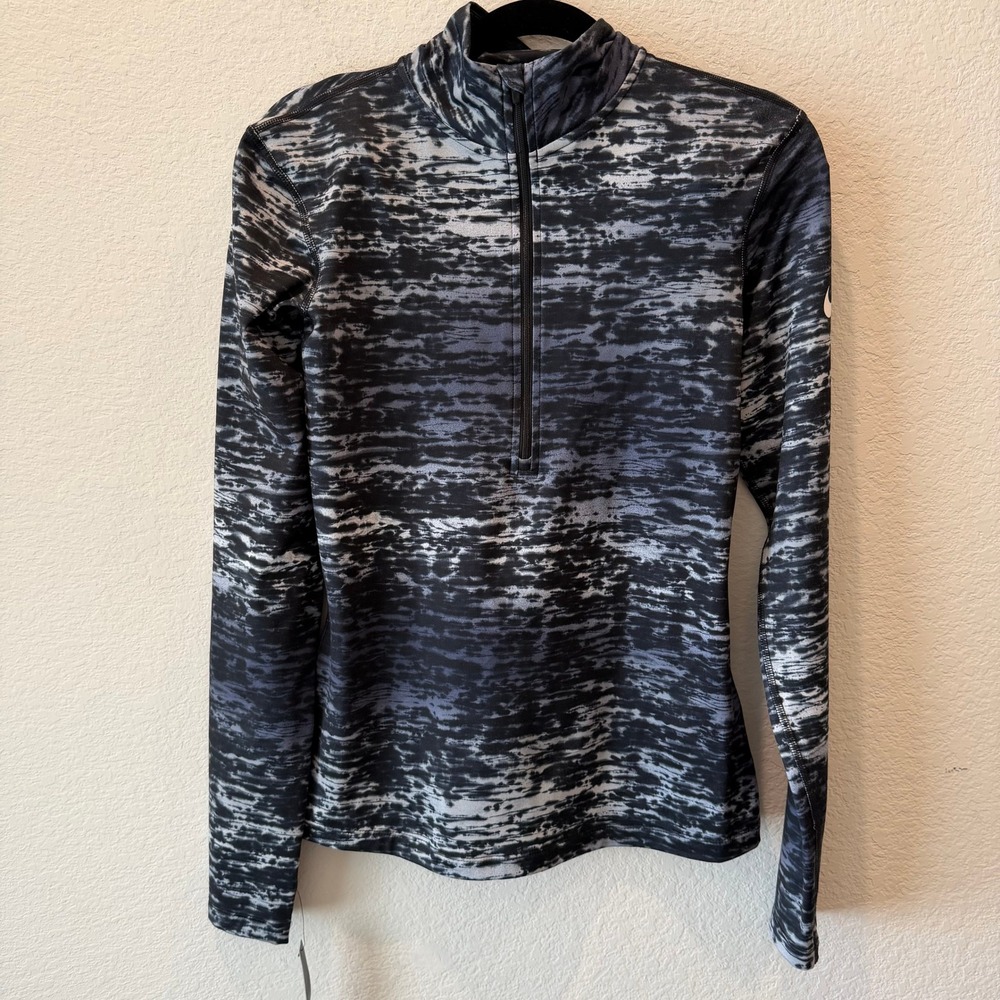 Nike Dri-FIT Womens Small Quarter Zip Running Top Gray Abstract Print Thumb Loop